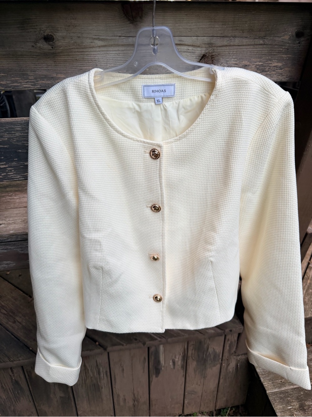 RIHOAS Waffle Knit Cream Gold Button Up Blazer Jacket Size XL Like New